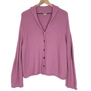 J. JILL 100% Cotton Cardigan Sweater Sz XL Pink Button Front Ribbed Bell Sleeve‎